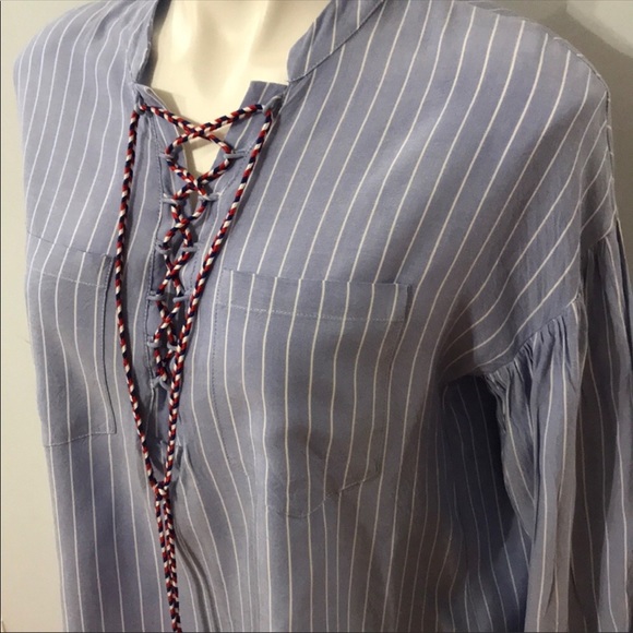 Blue Pinstripe Boho Blouse with Tie - Picture 2 of 8